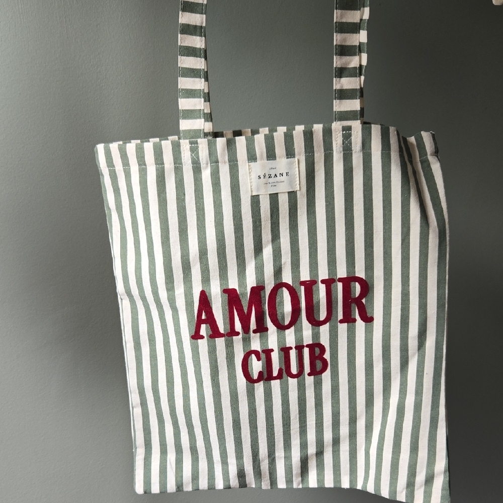 Sezane Green and White Striped Tote